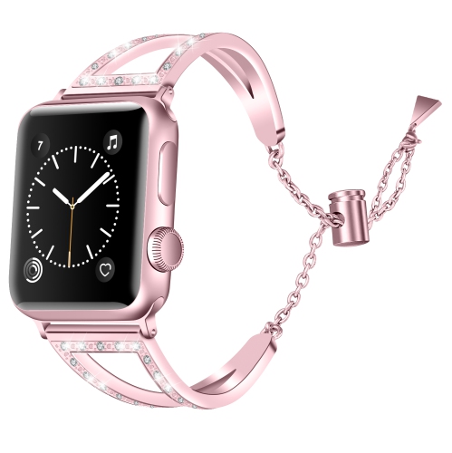 StrapsCo Stainless Steel Watch Bracelet Band Strap with Rhinestones for Apple Watch Series 1/2/3/4 - 42mm - Pink Gold