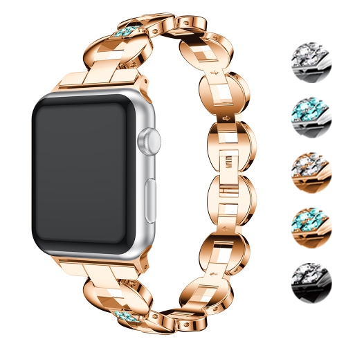 StrapsCo Alloy Metal Link Watch Bracelet Band with Rhinestones for Apple Watch Series 1/2/3/4 - 42mm - Rose Gold & Blue