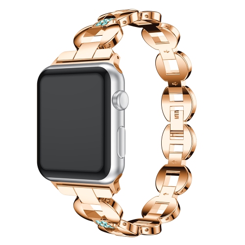 StrapsCo Alloy Metal Link Watch Bracelet Band with Rhinestones for Apple Watch Series 1/2/3/4 - 42mm - Rose Gold & Blue