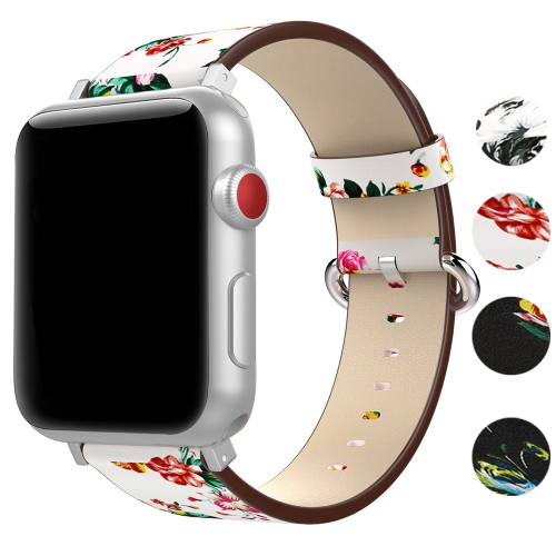 STRAPSCO  Leather Watch Band Strap With Peonies Floral Pattern for Apple Watch Series 1/2/3/4 - 40MM - White & Peonies In Red