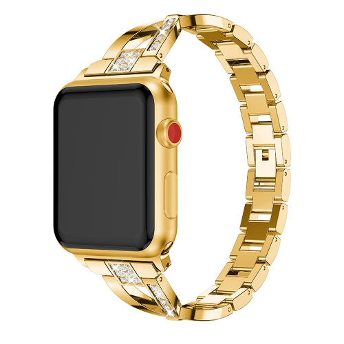 StrapsCo Alloy Metal Link Watch Bracelet Band with Rhinestones for Apple Watch Series 1/2/3/4 - 38mm - Yellow Gold