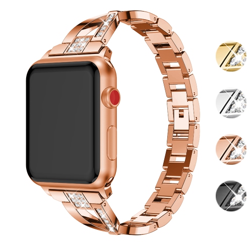 STRAPSCO  Alloy Metal Link Watch Bracelet Band With Rhinestones for Apple Watch Series 1/2/3/4 - 42MM - Rose In Gold