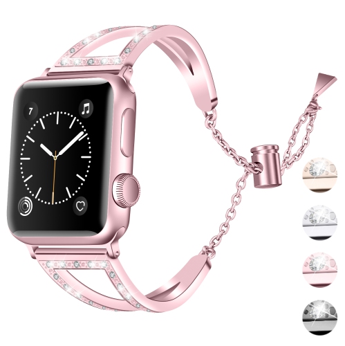 StrapsCo Stainless Steel Watch Bracelet Band Strap with Rhinestones for Apple Watch Series 1/2/3/4 - 44mm - Pink Gold
