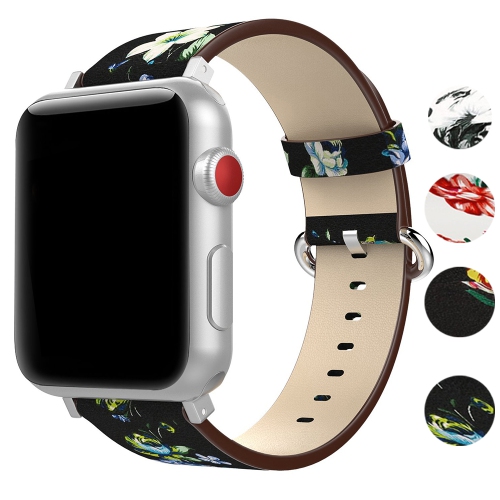 STRAPSCO  Leather Watch Band Strap With Peonies Floral Pattern for Apple Watch Series 1/2/3/4 - 42MM - Black & Peonies In Blue