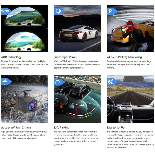 Caméra de tableau de bord à écran tactile de 10&nbsp;po en HD intégrale 1080p, caméra avant grand-angle, caméra arrière étanche, enregistrement