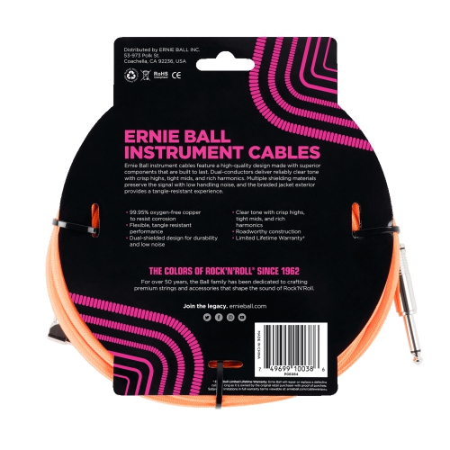 Ernie Ball Braided Instrument Cable - Neon Orange Straight/Right Angle 18'