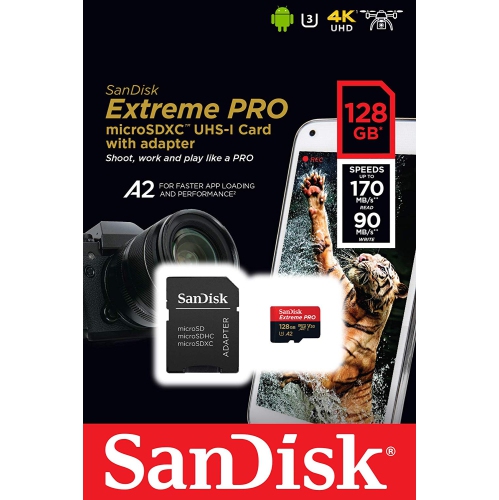 SanDisk Extreme PRO 128GB U3 A2 Micro SD Card with Adapter SDSQXCY-128G