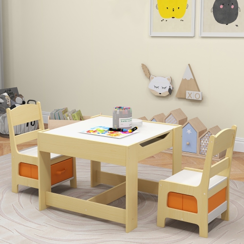 Gymax Children Kids Table Chairs Set With Storage Boxes Blackboard Whiteboard Drawing