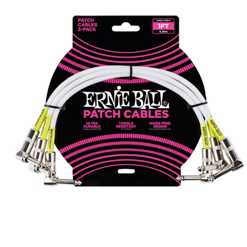 Ernie Ball Patch Cable - Right Angle 1/4 TS to Right Angle 1/4 TS, 1', 3-Pack, White