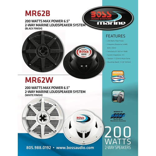 Boss Audio MR62B 6.5" 2-Way 200W Marine Full Range Speaker - Black - Pair