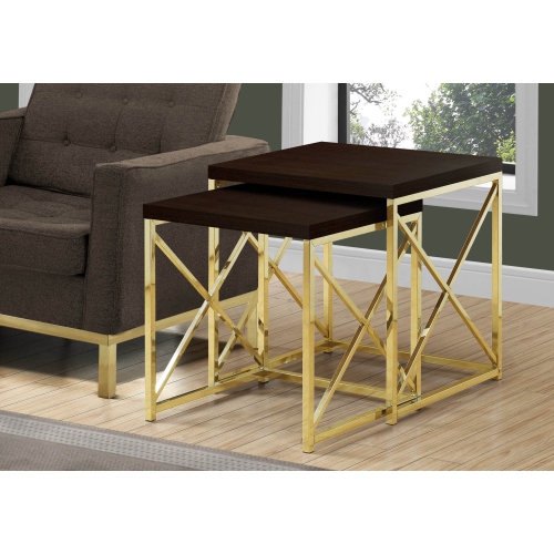 Monarch Specialties I 3237 Nesting Table 2Pcs Set Cappuccino Gold Metal