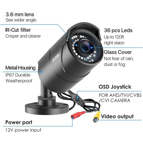 ZOSSI – caméra de surveillance extérieure hybride 4-en-1 avec fil 1080P 2&nbsp;Mpx pour TVI/CVI/AHD/CVBS DVR, vision nocturne 120&nbsp;pi, IP66 - Noir