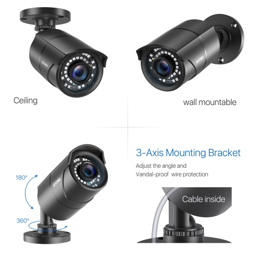 ZOSSI – caméra de surveillance extérieure hybride 4-en-1 avec fil 1080P 2&nbsp;Mpx pour TVI/CVI/AHD/CVBS DVR, vision nocturne 120&nbsp;pi, IP66 - Noir