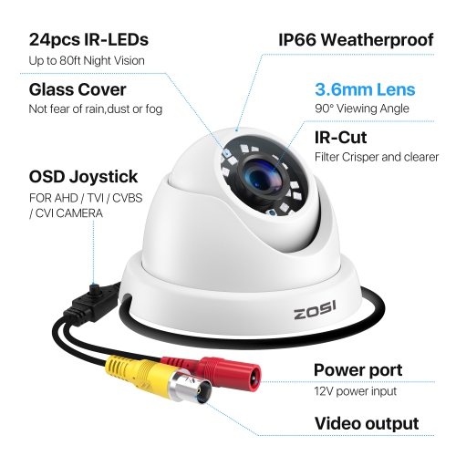 ZOSI 2MP 1080P Add-on Wired Outdoor Surveillance Home Security Camera with 80ft IR Night Vision for TVI/CVI/AHD/CVBS DVR Recorder - White