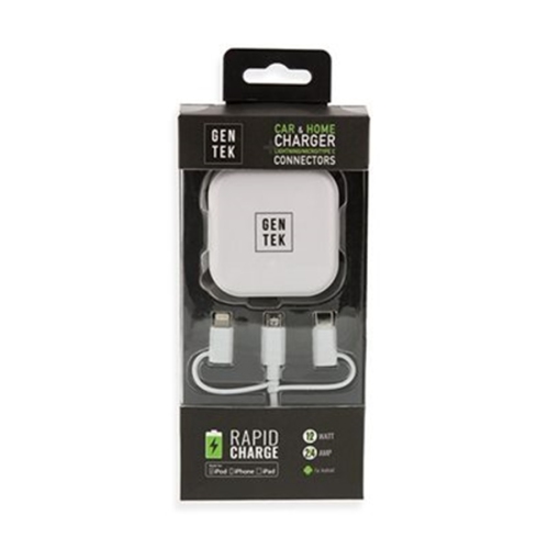 GENTEK  Car Charger 5 In 1 USB 2.4A With W Micro Type C Mfi Lightning Cable In White