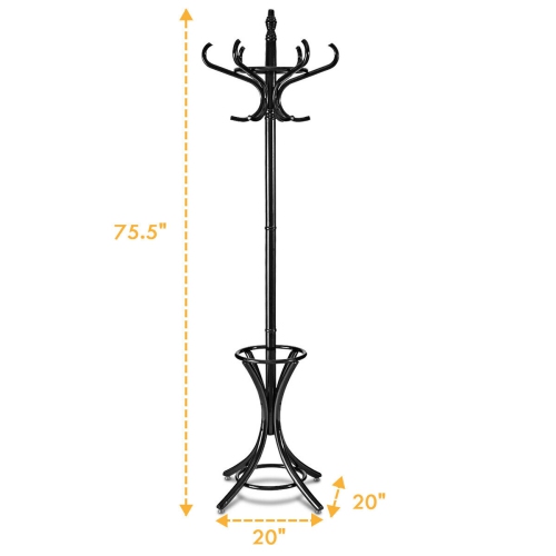Gymax Wood Standing Hat Coat Rack Jacket Bag Hanger Tree 12 Hooks w/ Umbrella Stand