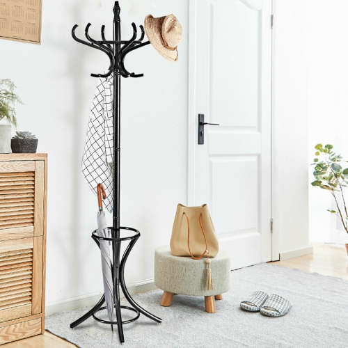 Gymax Wood Standing Hat Coat Rack Jacket Bag Hanger Tree 12 Hooks w/ Umbrella Stand