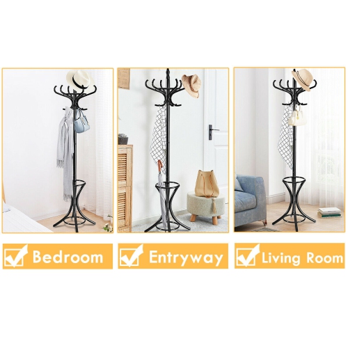 Gymax Wood Standing Hat Coat Rack Jacket Bag Hanger Tree 12 Hooks w/ Umbrella Stand