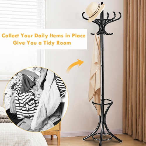 Gymax Wood Standing Hat Coat Rack Jacket Bag Hanger Tree 12 Hooks w/ Umbrella Stand