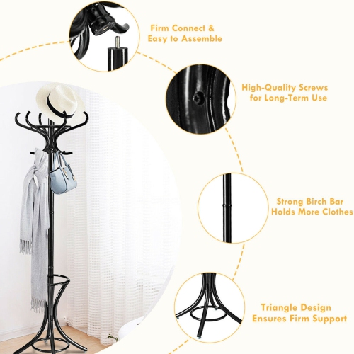 Gymax Wood Standing Hat Coat Rack Jacket Bag Hanger Tree 12 Hooks w/ Umbrella Stand