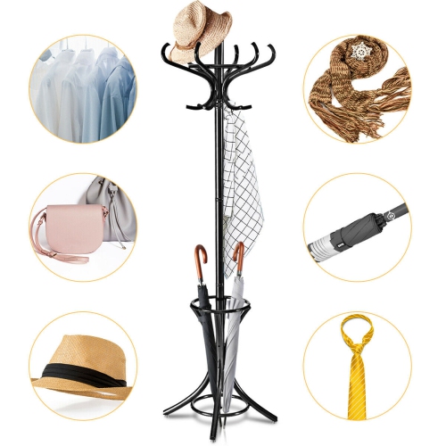 Gymax Wood Standing Hat Coat Rack Jacket Bag Hanger Tree 12 Hooks w/ Umbrella Stand