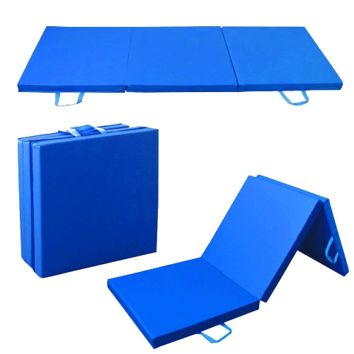 Blue Exercise Tri-Fold Gym Mat Fitness Mat w/PU Leather for Gymnastics, Yoga, Aerobics, Martial Arts