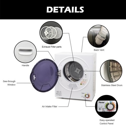 Panda 1.50 cu.ft Compact Laundry Dryer, White and Black