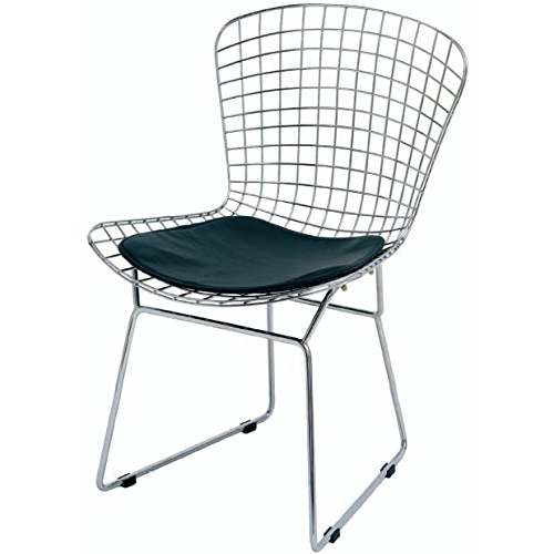 NICER INTERIOR  Furniture ® Set Of 1 - Harry Bertoia Chromed Steel Wire Frame Side Chairs With Leatherette Pu Pad In In Black