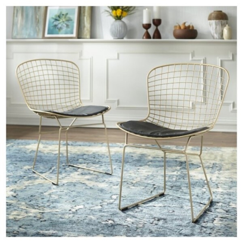 NICER INTERIOR  Furniture ® Set Of 2 - Harry Bertoia Chromed Steel Wire Frame Side Chairs With Leatherette Pu Pad In In Black