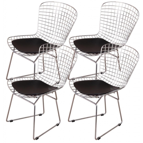 NICER FURNITURE  ® Set Of 4 - Harry Bertoia Chromed Steel Wire Frame Side Chairs With Leatherette Pu Pad In In Black