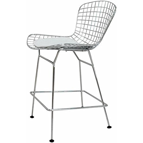 Nicer Furniture® Harry Bertoia Chromed Steel Wire Frame Counter Height Stool with Leatherette PU Pad - Set of 2