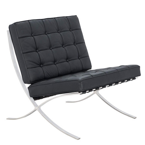 Nicer Furniture ® Barcelona Style Modern Pavilion Chair in Italian Leather with Stainless Steel Frame - Black