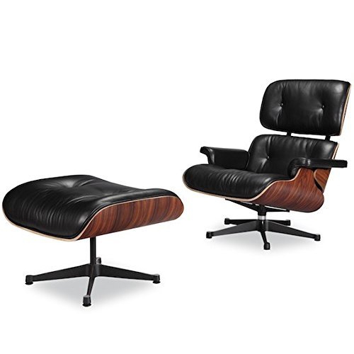 Nicer Furniture® Large Eames Lounge Chair and Ottoman Black Italian Full Grain Leather with Rosewood/Palisander Wood Finish