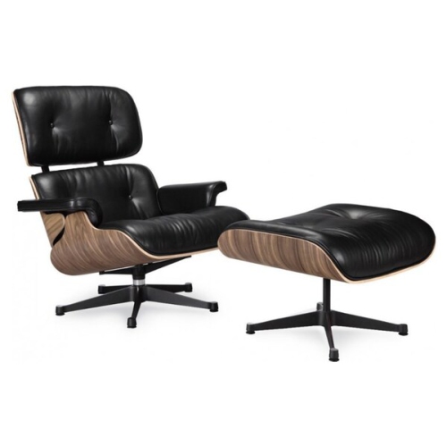 NICER INTERIOR Nicer Furniture® Large Eames Lounge Chair And Ottoman Black 100% Italian Genuine Full Grain Leather With Walnut Wood Finish