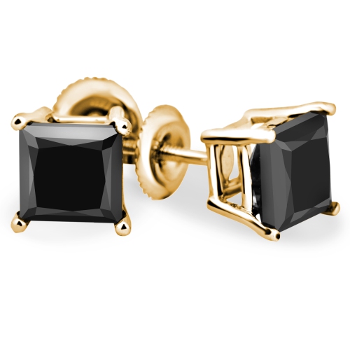 2/5 CTW princess Black Diamond 4-Prong Solitaire Stud Earrings in 14K Yellow Gold
