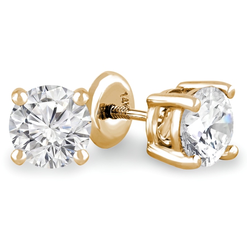 Clous d’oreilles solitaires à 4 griffes et diamants ronds de 1/4 ct en or jaune 14 ct