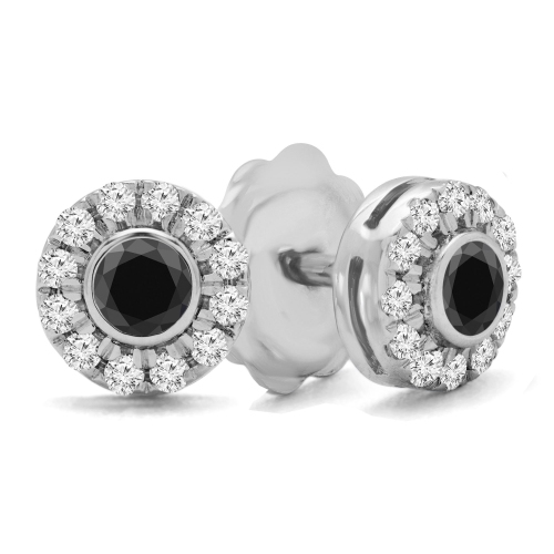 2/5 CTW Round Black Diamond Bezel Set Halo Stud Earrings in 14K White Gold