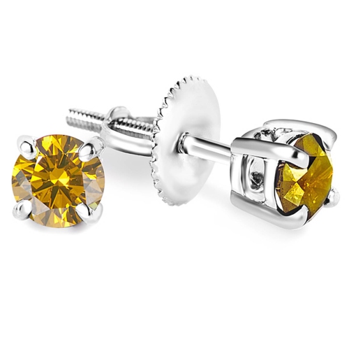 2/5 CTW Round Canary Yellow Diamond 4-Prong Solitaire Stud Earrings in 14K White Gold