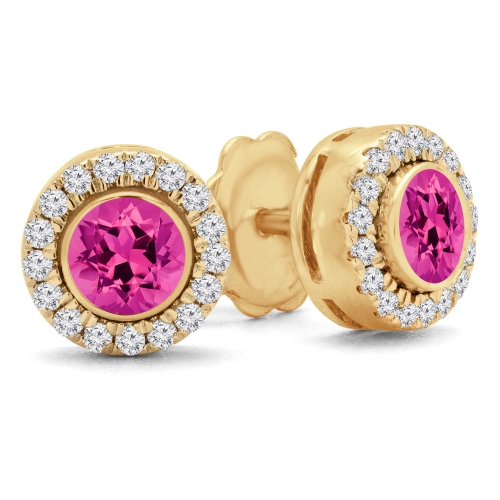 3/4 CTW Round Pink Tourmaline & Round Diamond Bezel Set Halo Stud Earrings in 14K Yellow Gold