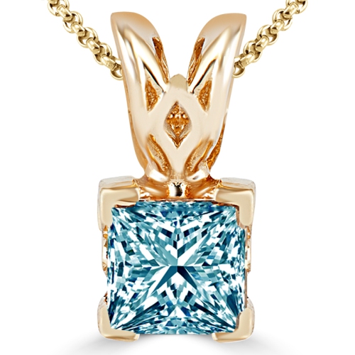 2/5 CT Princess Blue Diamond Solitaire Pendant Necklace in 14K Yellow Gold