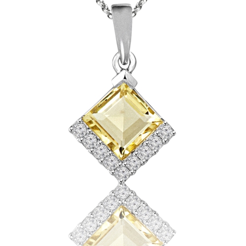 2 2/3 CTW Emerald Yellow Citrine Solitaire with Accents Pendant Necklace in 14K White Gold