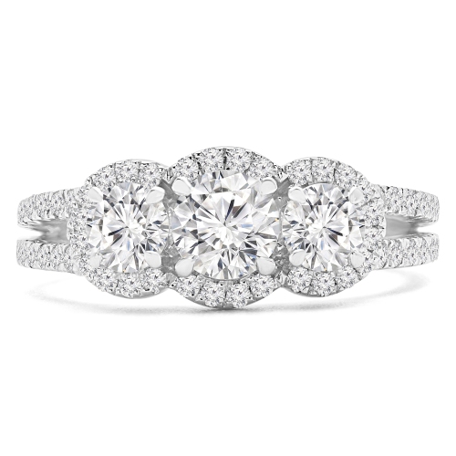 1 1/3 CTW Round Diamond Three-Stone Halo Engagement Ring in 14K White Gold - Size 4 to 9