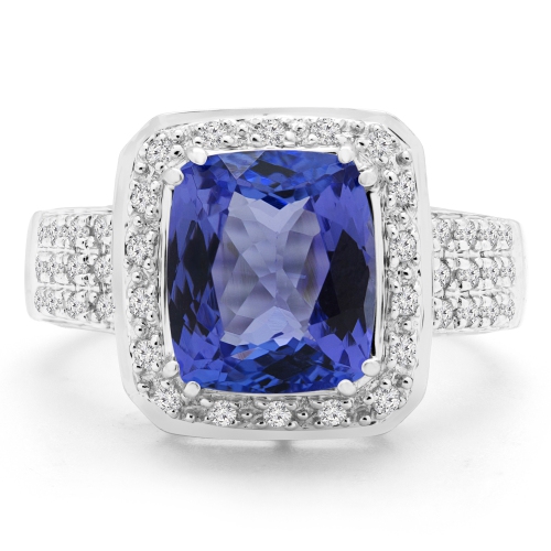 3 1/2 CTW Cushion Purple Tanzanite & Round Diamond Halo Cocktail Engagement Ring in 14K White Gold - Size 4 to 9