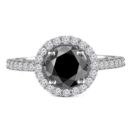 4 1/3 CTW Round Black Diamond Halo Engagement Ring in 14K White Gold - Size 4 to 9