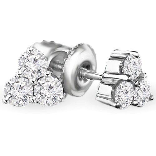 Clous d'oreilles en or blanc 14K ct, trois pierres, diamants ronds 3 ct 1/5 ct