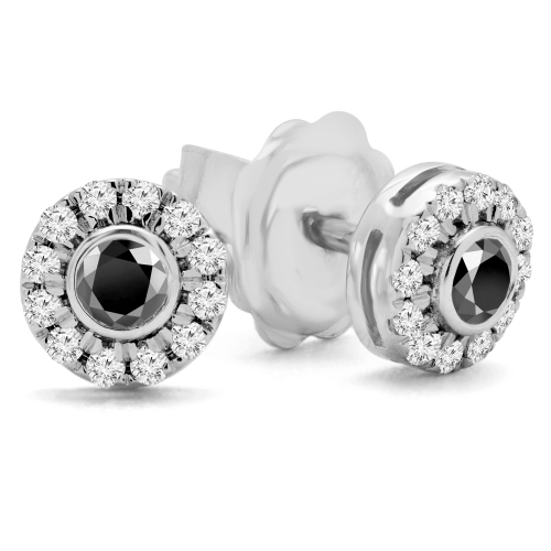 3/8 CTW Round Black Diamond Bezel Set Halo Stud Earrings in 14K White Gold