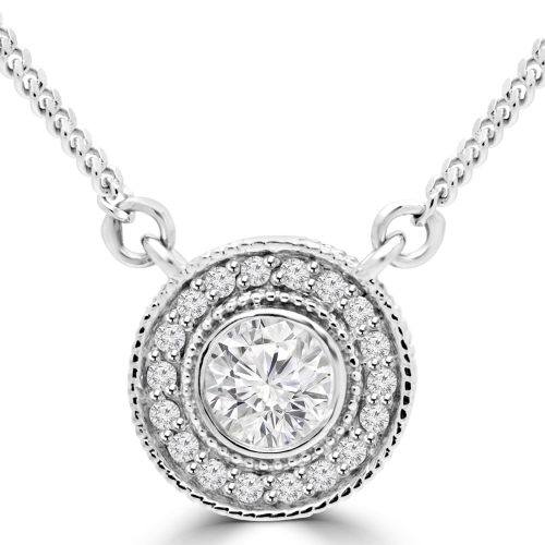2/5 CTW Round Diamond Bezel Set Halo Pendant Necklace in 14K White Gold