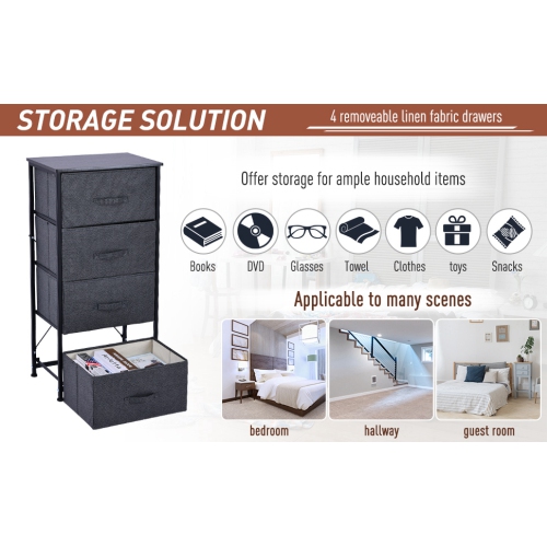 HOMCOM Storage Shelf Drawer Chest Organizer Units Storage Cabinet 4 Drawers with Attached Handle, Steel Frame with No-Skid Feet, Black & Grey