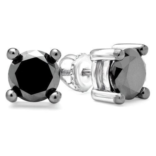 Clous d'oreilles solitaires or blanc 10K ct 4 griffes diamants noirs ronds 3/5 ct