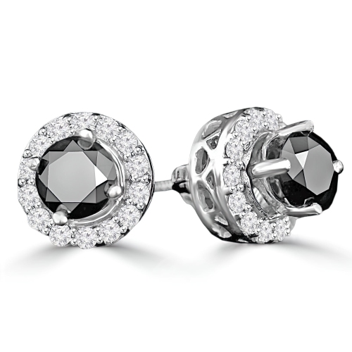 2/3 CTW Round Black Diamond Halo Stud Earrings in 14K White Gold